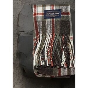 Pendleton Pacific Plaid 100% Wool 76"‎ Scarf Woolen Mills Muffler Fringe Brown